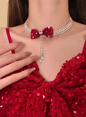 轻奢红色闪钻蝴蝶结choker项链女时尚宴会晚礼服颈链配饰