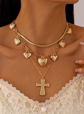 欧美金属爱心十字架多层项链个性夸张小众时尚气质高级感项饰女