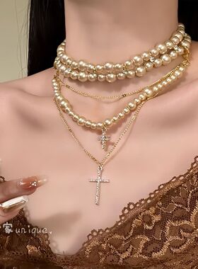 野心家原创【南洋千金】美式金色珍珠十字架项链多层叠戴锁骨链女
