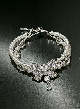 「深海来信」法式爆闪蓝色水滴珍珠磁吸款双层手链女温柔甜美手饰