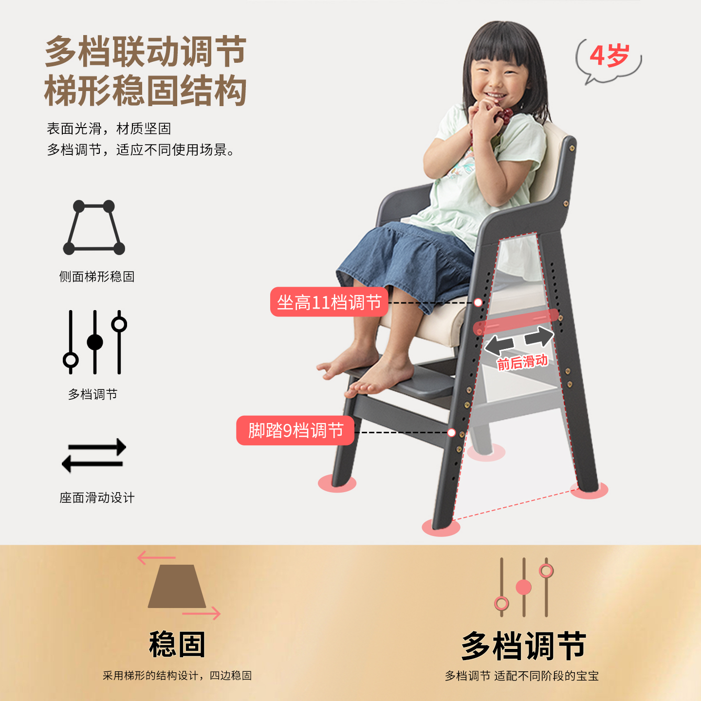 gen儿童餐椅实木成长椅大宝宝餐桌椅学习椅可升降高脚座椅吃饭3岁 - 图2