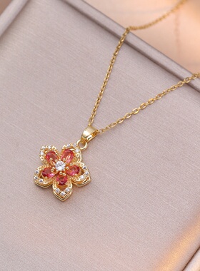 项链女网红旋转紫荆花锆石花朵小众时尚新款设计吊坠气质钛钢项链