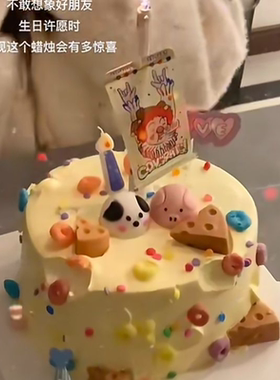 卡通狗狗小猪头奶酪蛋糕装饰摆件冰激凌蜡烛插牌HBD插件SWEET