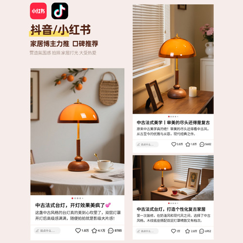 中古风台灯卧室床头灯高级感美式复古书房装饰摆件蘑菇氛围小夜灯 - 图2