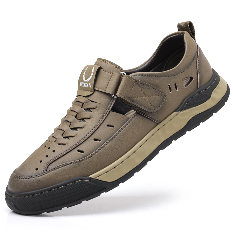 凉鞋男夏季2025新款包头透气镂空爸爸休闲洞洞鞋男士真皮软底皮鞋 - 图0