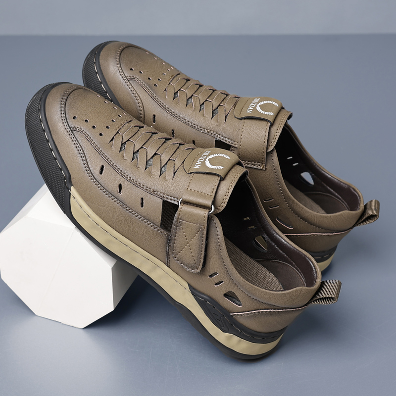 凉鞋男夏季2025新款包头透气镂空爸爸休闲洞洞鞋男士真皮软底皮鞋 - 图1