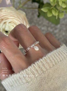 豌豆饰物925银韩国心形珍珠戒指