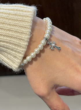 轻奢小众设计弹力十字架珍珠手链ins风简约个性气质手串手饰女潮