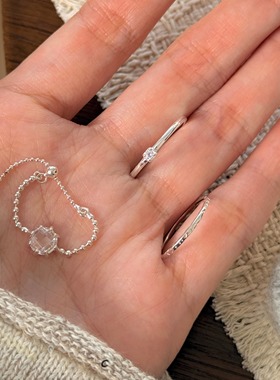 s925纯银几何水晶戒指女精致肌理感食指戒时尚开口戒女轻奢百搭款