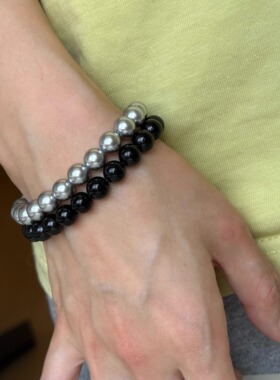 黑玛瑙手链红玛瑙灰珍珠串珠手串女款大珠子绿色蓝色松石简约百搭