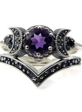 Hecate Triple Moon Ring Set Amethyst or Red Crystal Wedding