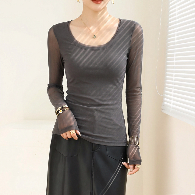 ເສື້ອຢືດຕໍ່າຫູກສອງຊັ້ນ mesh lace bottoming shirt 2026 ແບບໃໝ່