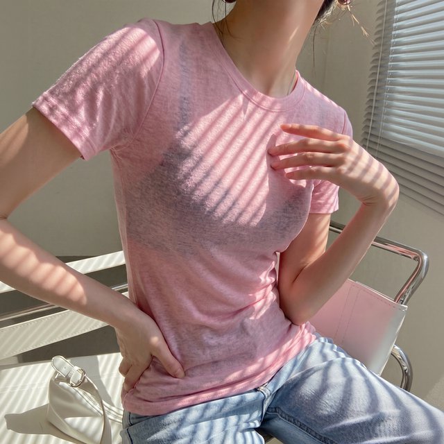 黑色网纱薄款短袖t恤女薄纱正肩