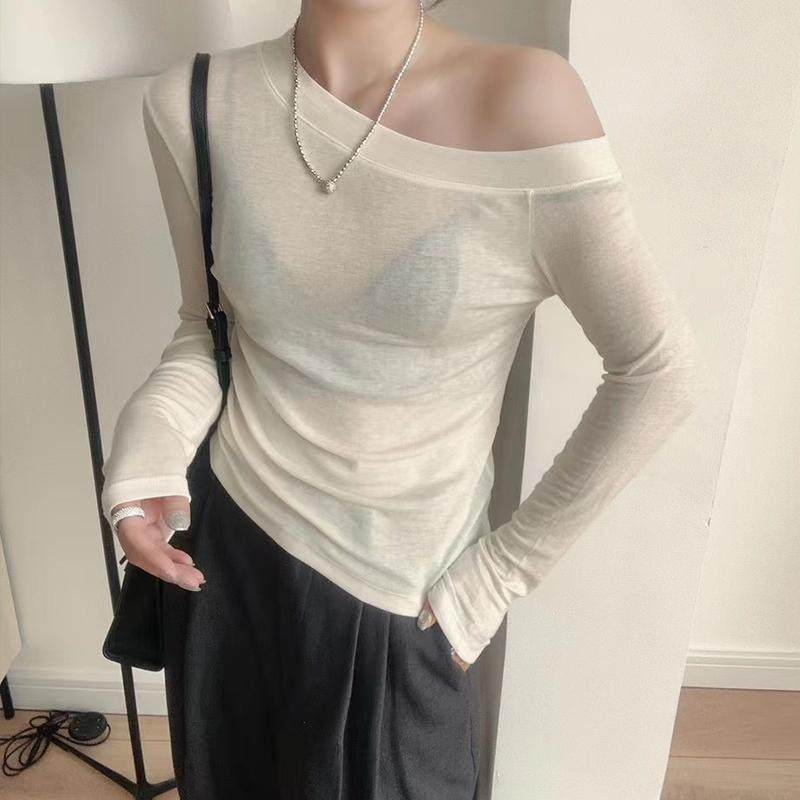 巨好看斜肩上衣高级感天丝羊毛打底衫女一字肩露肩长袖t恤修身薄,淘宝优惠券,粉丝福利购,淘宝优惠卷