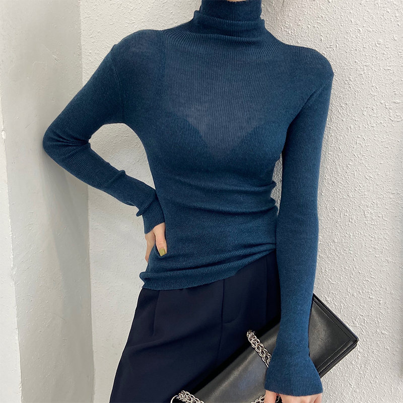 羊绒高领打底衫女秋冬薄款微透修身堆堆领针织衫贴身t恤内搭洋气 - 图2
