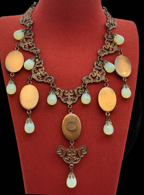 中古法国产Vintage琉璃项链果冻玫瑰花老琉璃珠子古铜色项链D15