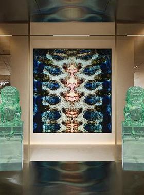 新中式落地透明树脂招财狮子摆件门口玄关书房别墅拴马柱动物雕塑