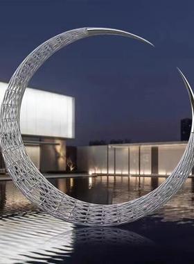 创意不锈钢镂空月亮雕塑定制售楼部水景户外园林景观装饰地标摆件