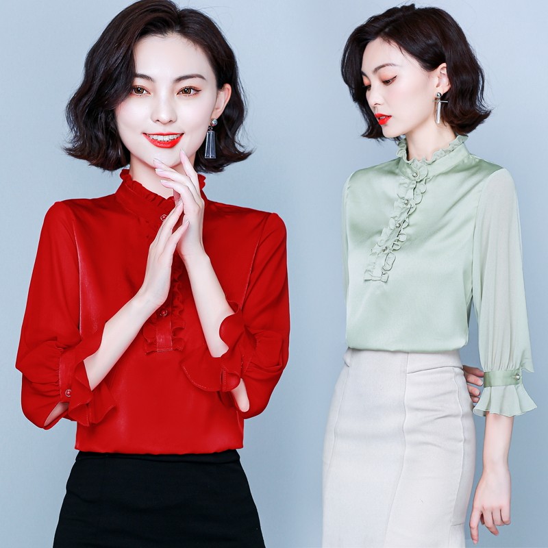 雪纺2020秋季新款木耳边气质衬衫 乔凝蕾丝衫/雪纺衫