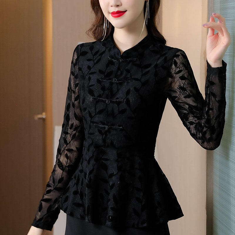 2022春款磨毛蕾丝内搭长袖中式小衫 乔凝T恤