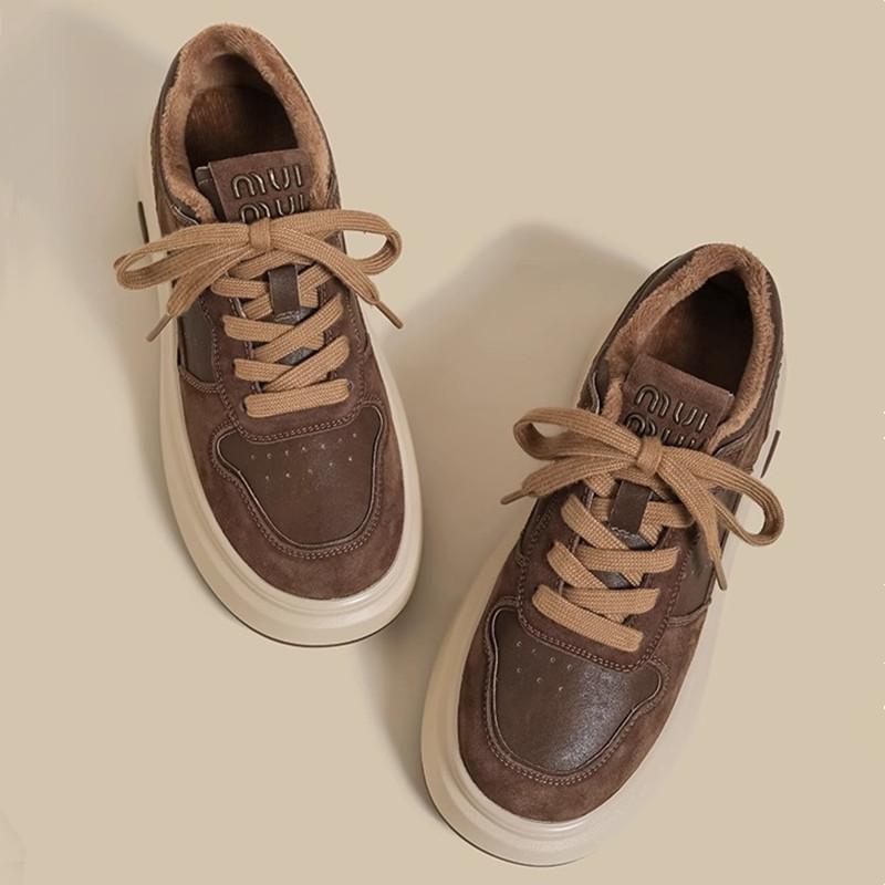 厚底松糕休闲板鞋女2025秋冬季新款棕色韩版系带加绒增高运动鞋子 - 图0