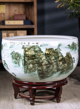 景德镇手绘中式陶瓷鱼缸摆件