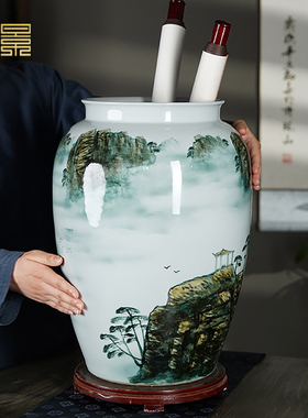 手绘山水书画卷轴缸中式装饰摆件