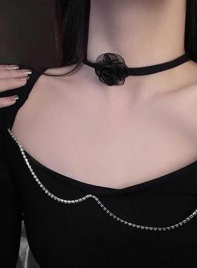 黑色玫瑰花锁骨链网红礼服配饰颈饰气质脖子饰品颈带项链气质儿童