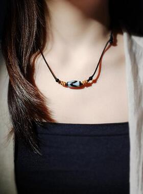 虎牙天珠项链男女天然玛瑙横穿