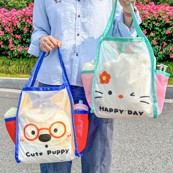 New transparent mesh shoulder bag, fashionable, lightweight, large-capacity, versatile shopping bag, mesh beach bag, mommy bag