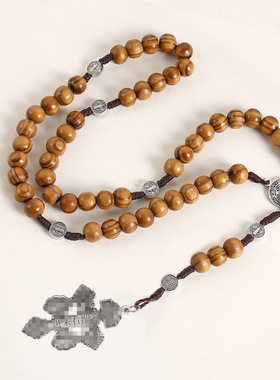 10MM Wood Beads Rosary Cross Necklace For Women Men