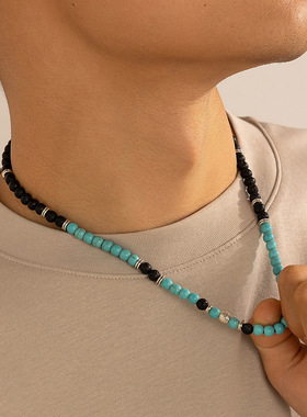 Men's patchwork beaded necklace volcanic stone necklace for