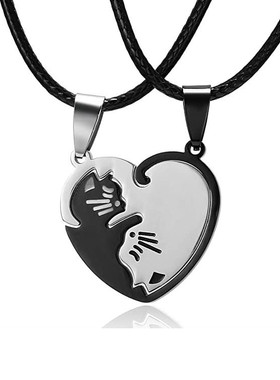 Couple Heart Necklace Cute Cartoon Cat Pendant Necklace