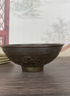 做旧仿古铜老包浆年年有鱼碗摆件  复古文玩家居办公室装饰摆件