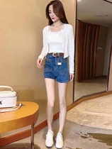 Net red small sub fashion suit sunscreen knit cardiovert hoodie vest denim shorts foreign air three sets summer