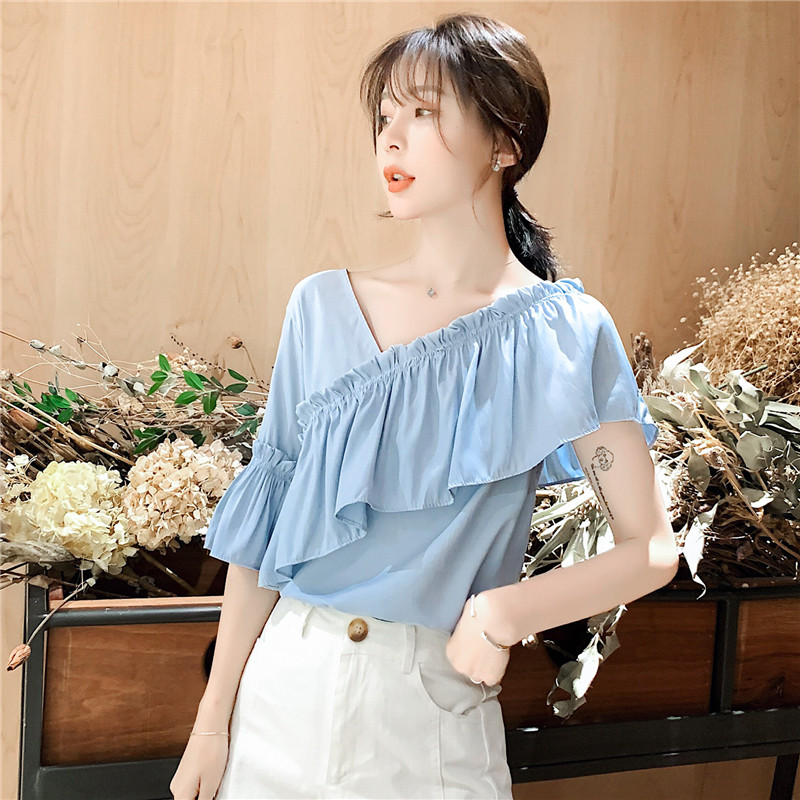 斜肩设计感小众2020年夏新款衬衫 月瑞雅蕾丝衫/雪纺衫