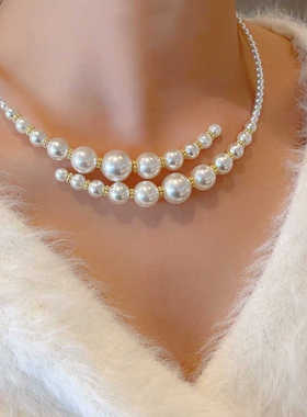 高级感双层白色珍珠锁骨脖颈链女时尚复古项链项圈名媛风毛衣链女
