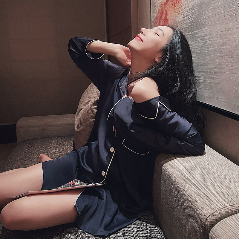 宅鹿鹿长袖冰丝春夏新款性感睡裙 宅鹿鹿睡裙