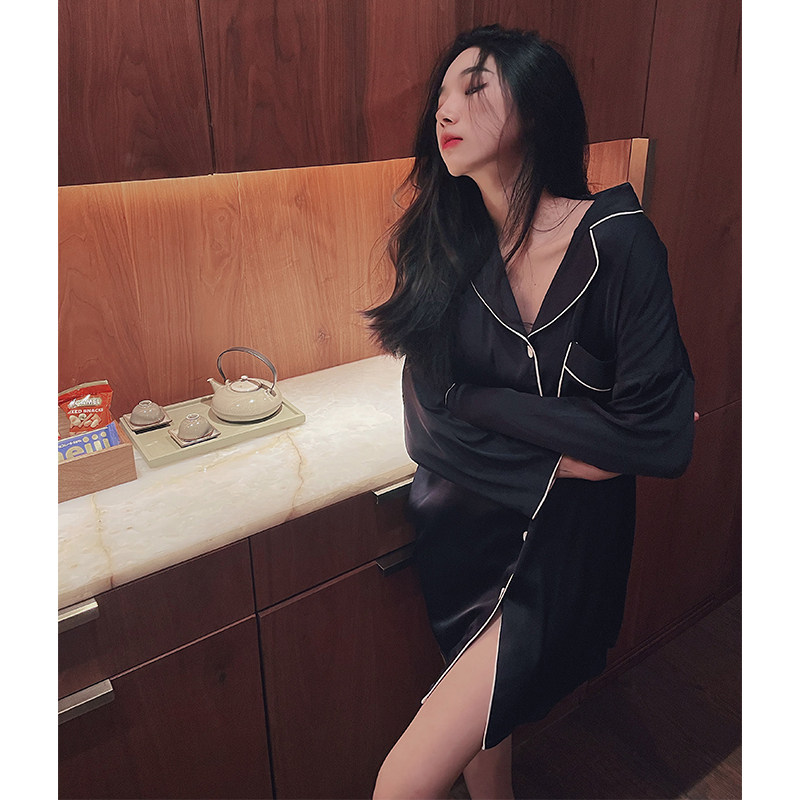 宅鹿鹿长袖冰丝春夏新款性感睡裙 宅鹿鹿睡裙
