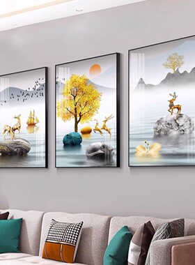 轻奢客厅装饰画福禄山水三联画寓意好壁画现代简约沙发背景墙挂画