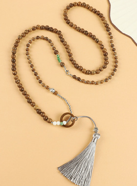 新中式古韵串珠斜挎链中国风高级感小众佛珠项链长款流苏旗袍配饰