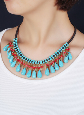 波西米亚民族风项链女锁骨链蓝红松石流苏短款项圈脚链度假套装