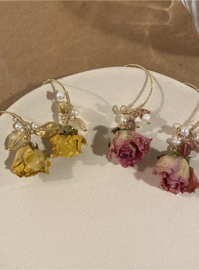 ins优雅气质永生花耳环耳钉古韵森系玫瑰花朵淡水珍珠手链饰品女