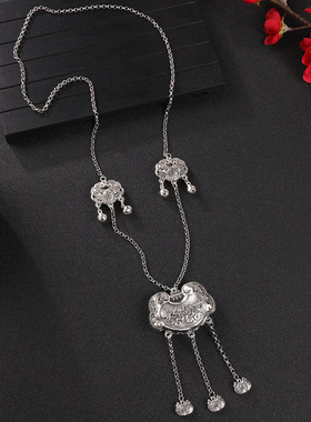 新中式国风长款古银项链古韵苗银长命锁流苏毛衣链旗袍汉服配饰女