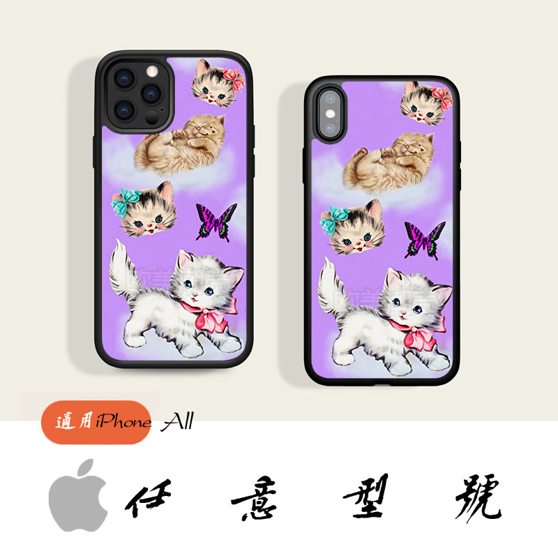 iPhone12欧美ins风手机壳8plus紫色猫咪扑蝶xrs适用苹果11promax【2018】