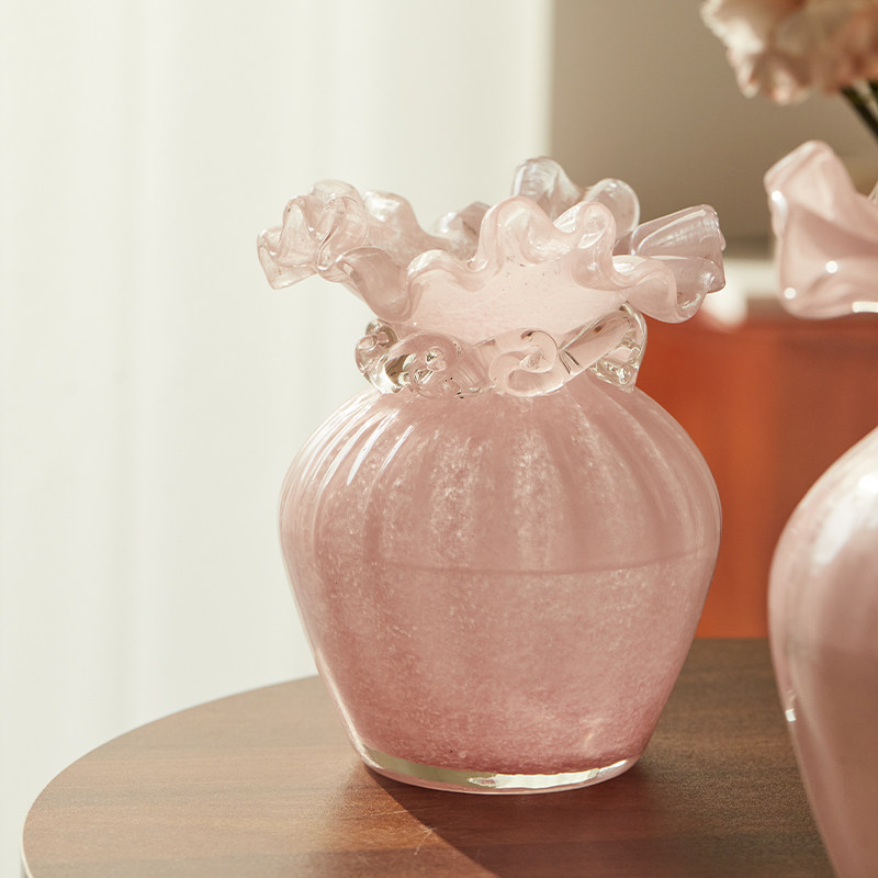轻奢中古北欧手工波浪口水培装饰花器北欧风粉色创意玻璃花瓶摆件,淘宝优惠券,粉丝福利购,淘宝优惠卷