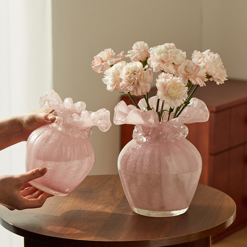 轻奢中古北欧手工波浪口水培装饰花器北欧风粉色创意玻璃花瓶摆件,淘宝优惠券,粉丝福利购,淘宝优惠卷