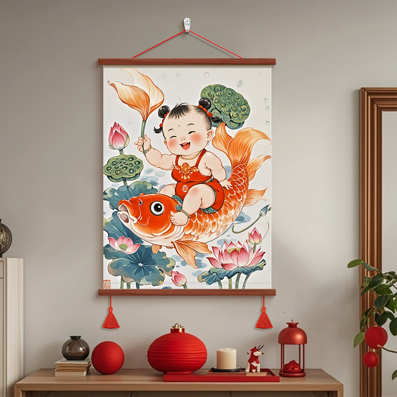 年画娃娃送子图宝宝画墙面挂画备孕男女龙凤胎壁画金童玉女装饰画 - 图3