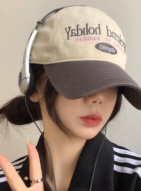 复古拼色棒球帽女韩版显脸小百搭软顶鸭舌帽日系大头围宽帽檐帽子