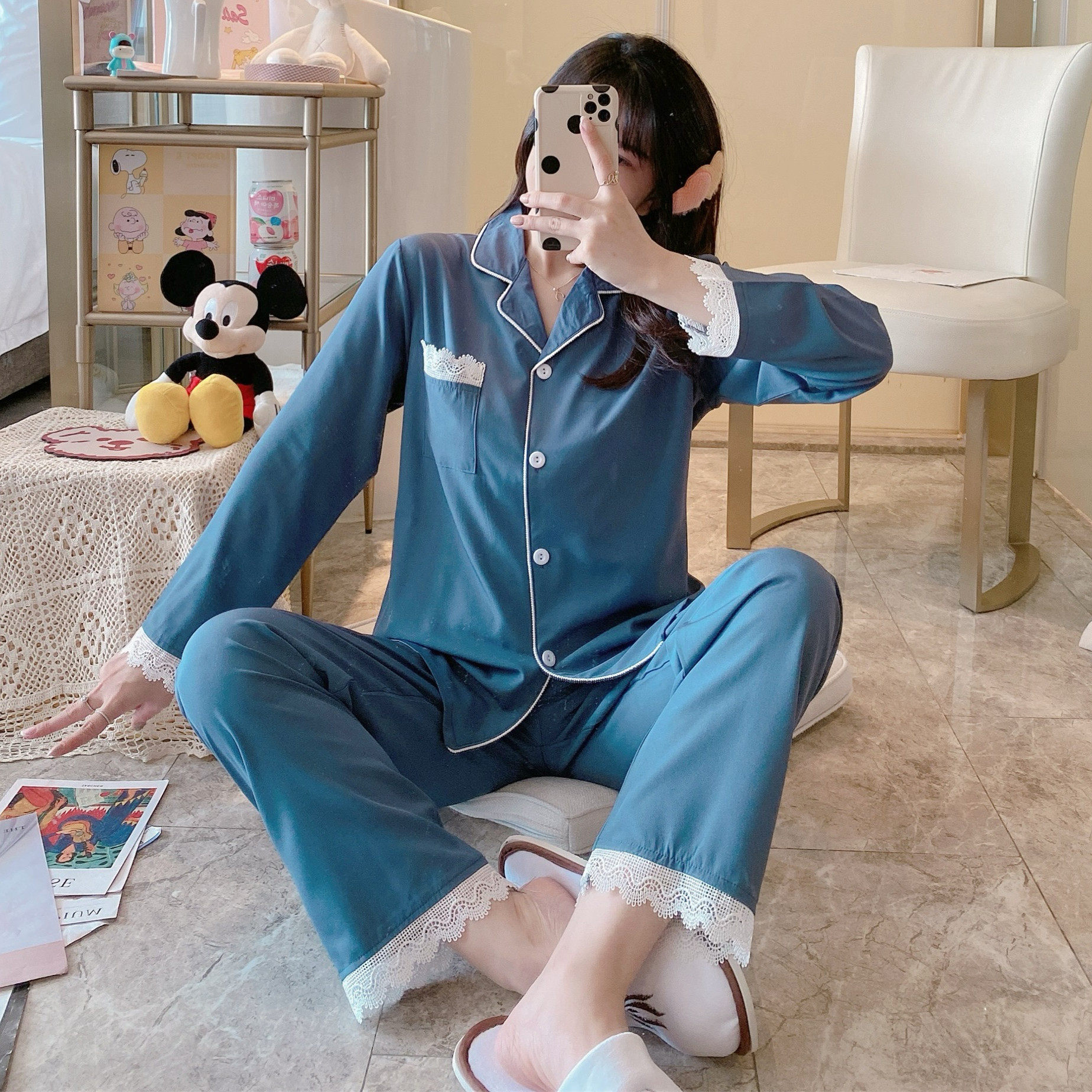 秋冬款仿真丝绸花边长袖长裤睡衣 音旨服饰睡衣/家居服套装